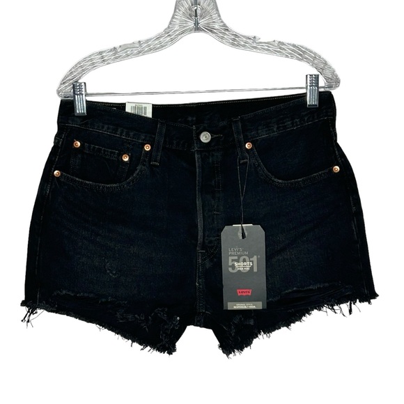 Levi's Pants - Levi’s 501 High Rise Raw Hem Distressed Black Denim Shorts NWT